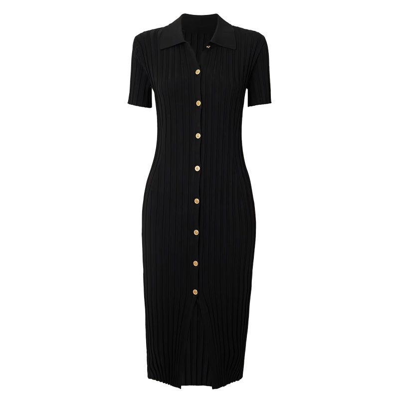 Knitwear manufacturer custom spring autumn black polo collar short sleeved single breasted rib knit women's sweater dress