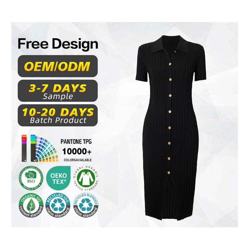 Knitwear manufacturer custom spring autumn black polo collar short sleeved single breasted rib knit women's sweater dress