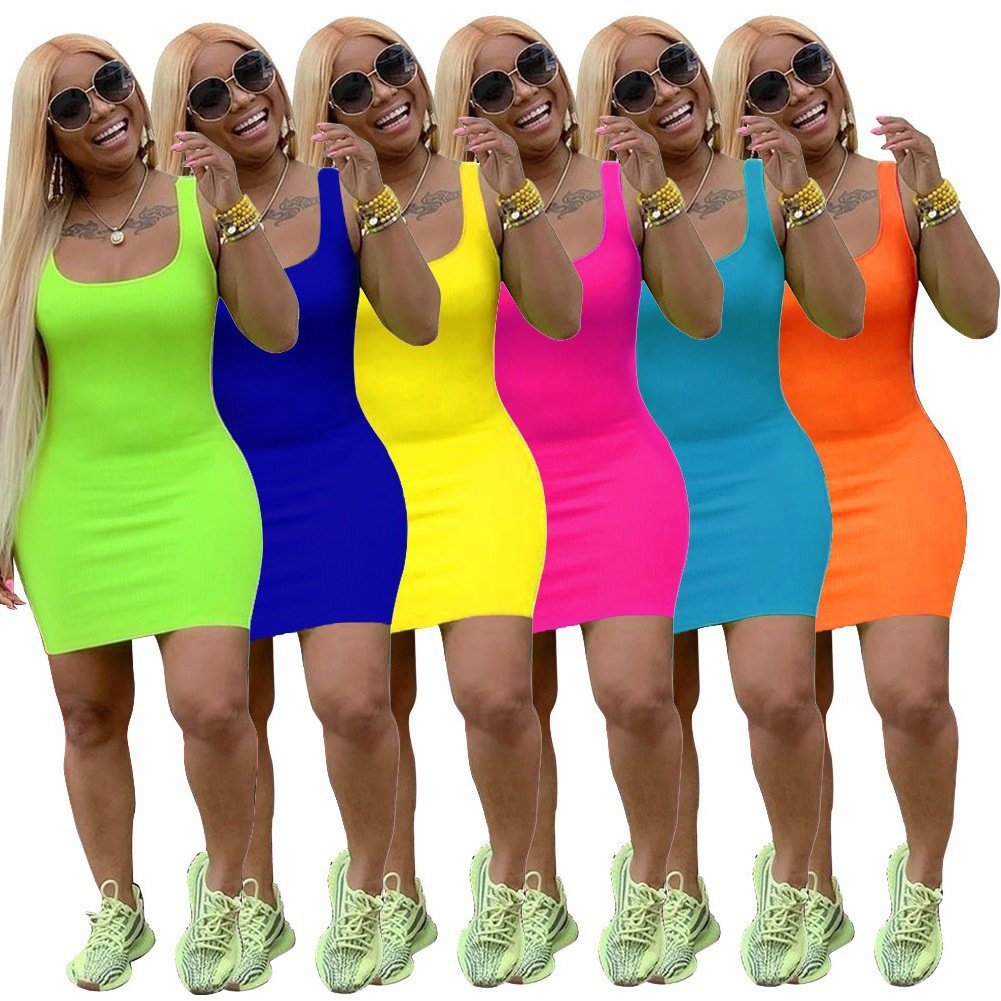 2024 new arrivals Customized Printed Knit Logo Dress Ladies Sleeveless Solid Round Neck Ribbed Tank Top Mini Bodycon Dresses