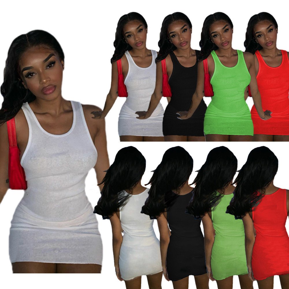 2024 new arrivals Customized Printed Knit Logo Dress Ladies Sleeveless Solid Round Neck Ribbed Tank Top Mini Bodycon Dresses