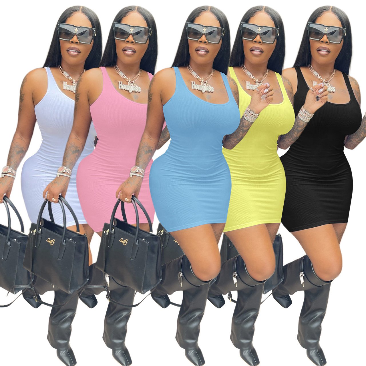 2024 new arrivals Customized Printed Knit Logo Dress Ladies Sleeveless Solid Round Neck Ribbed Tank Top Mini Bodycon Dresses