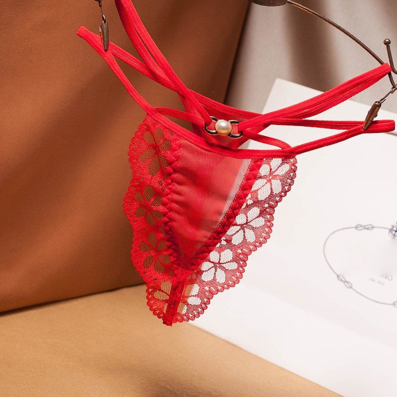 2023 new women's sexy temptation underwear low waist cross thong pearl lace transparent mesh underwear sexy bundled panties