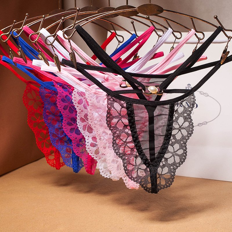 2023 new women's sexy temptation underwear low waist cross thong pearl lace transparent mesh underwear sexy bundled panties