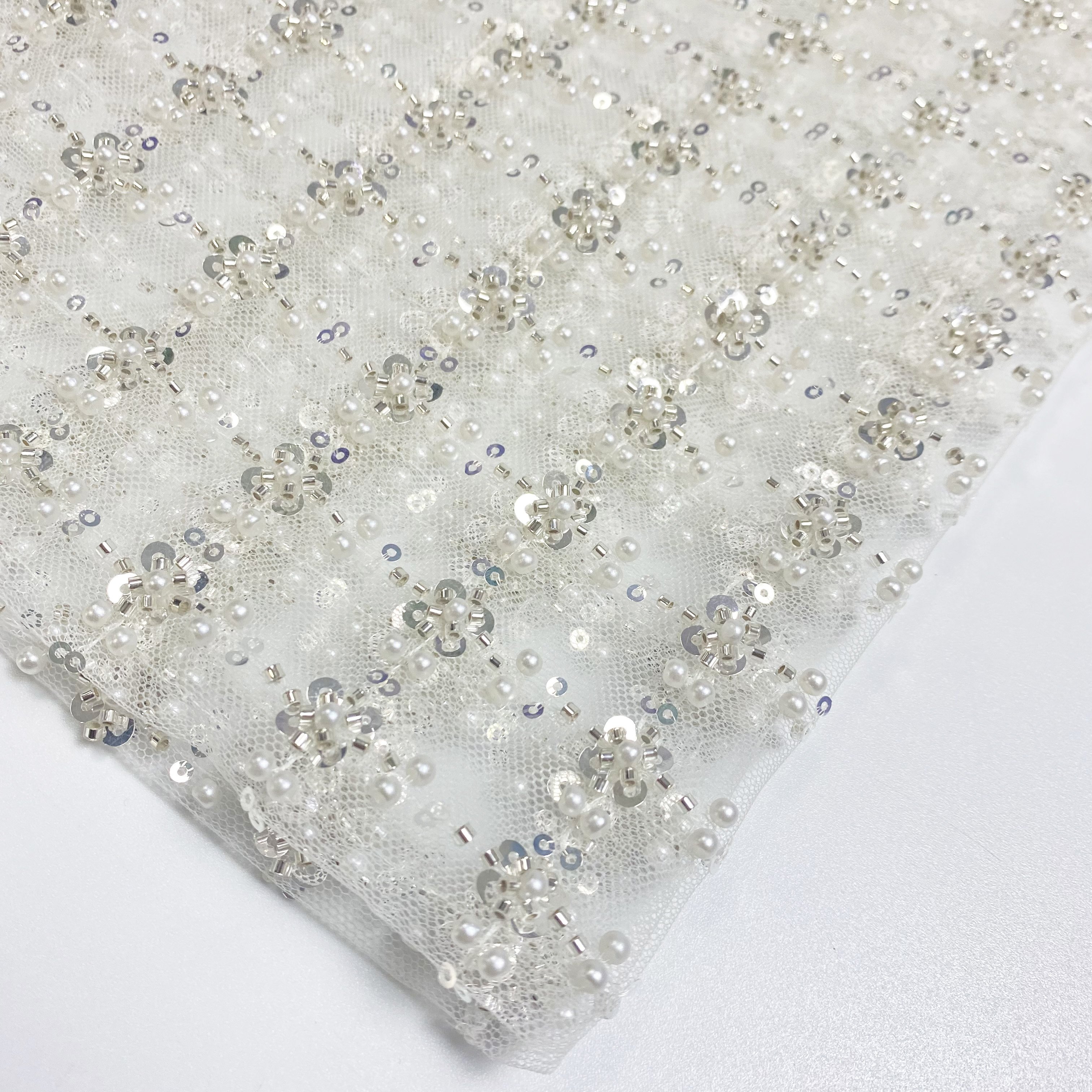 2024 Square grid sequin net embroidery fabric beaded lace fabric for luxury dress