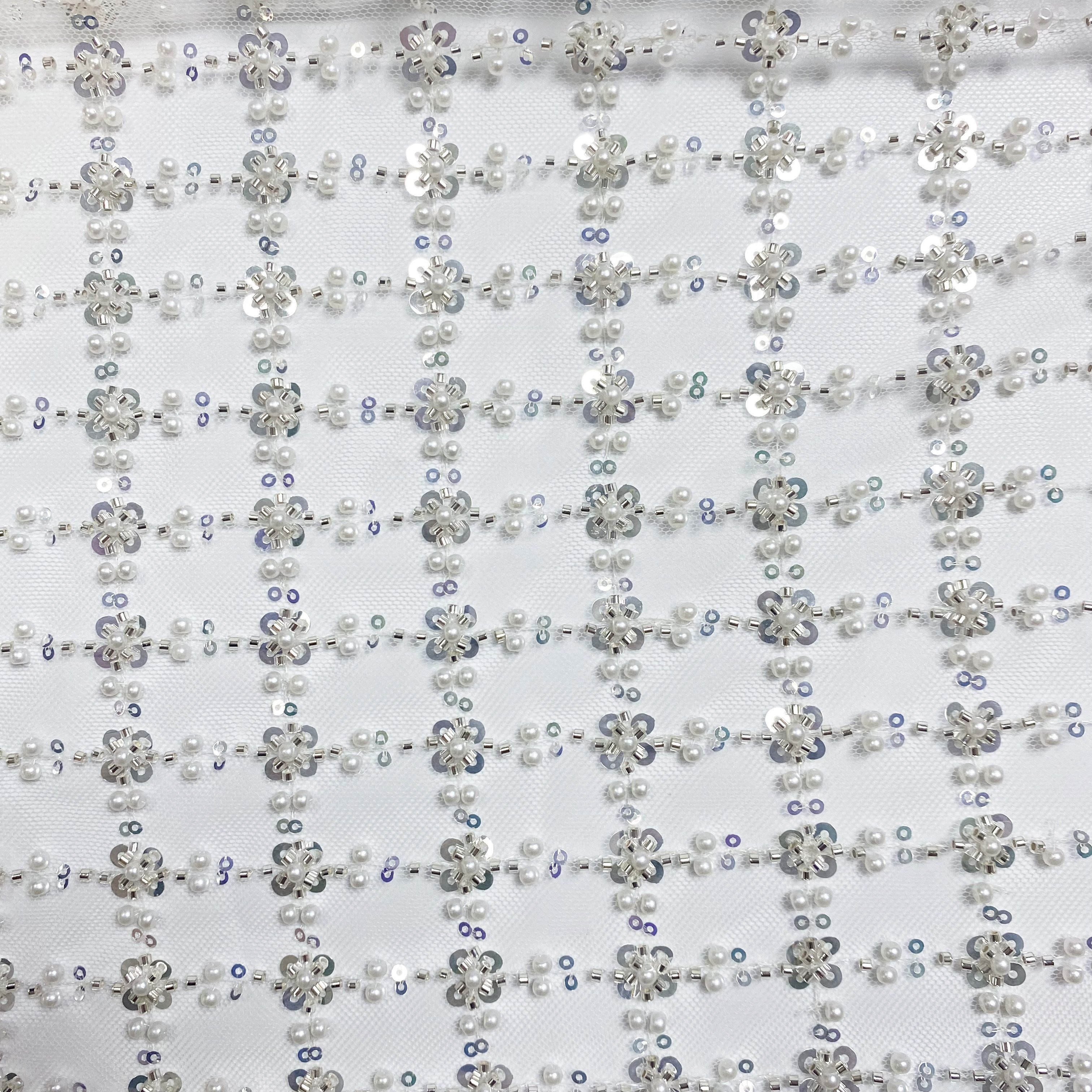 2024 Square grid sequin net embroidery fabric beaded lace fabric for luxury dress