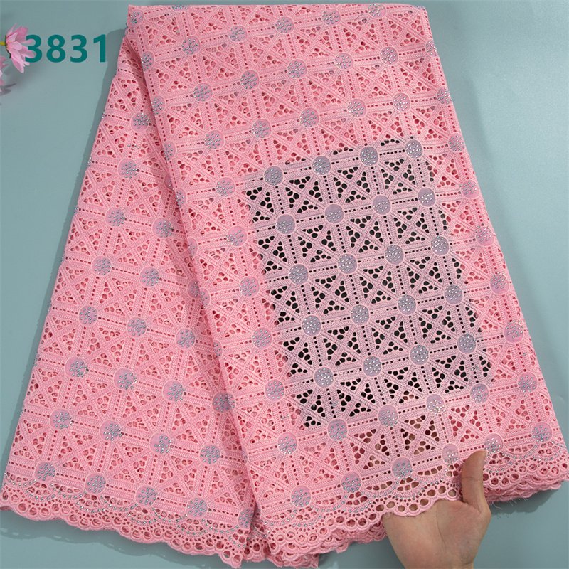 Pure White African Lace Fabric High Quality Classic Nigeria Cotton Lace Fabric With Crystals for Women Wedding Dresses 3831