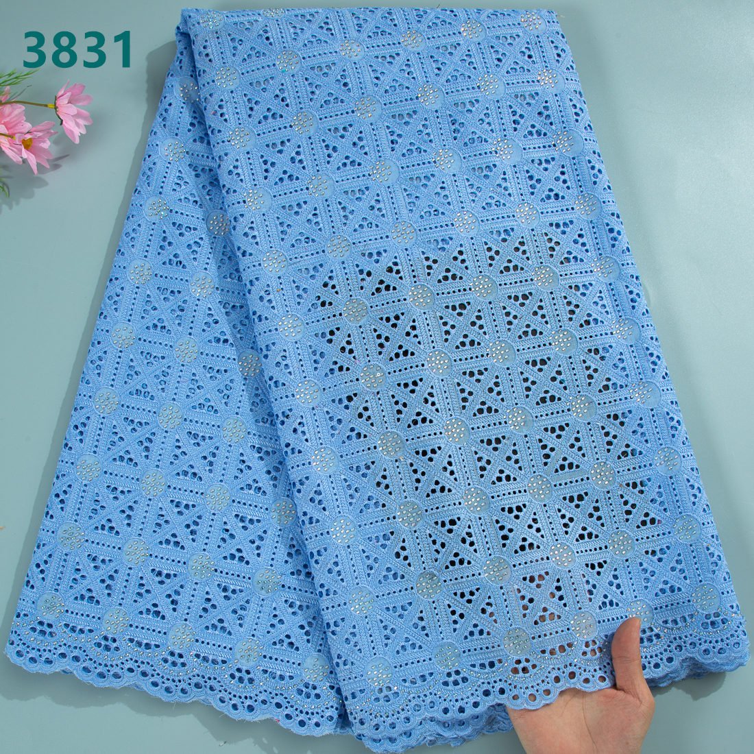 Pure White African Lace Fabric High Quality Classic Nigeria Cotton Lace Fabric With Crystals for Women Wedding Dresses 3831