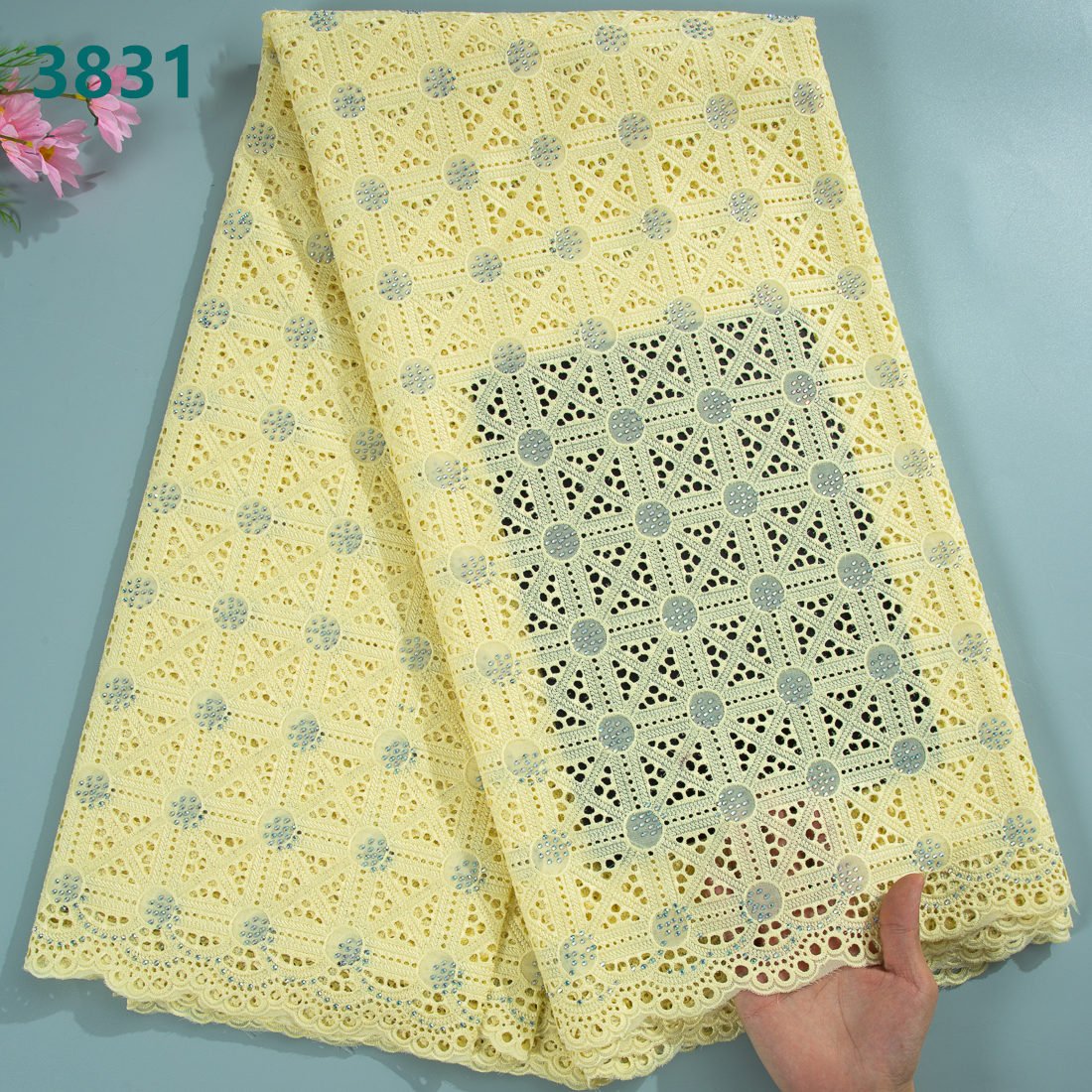 Pure White African Lace Fabric High Quality Classic Nigeria Cotton Lace Fabric With Crystals for Women Wedding Dresses 3831