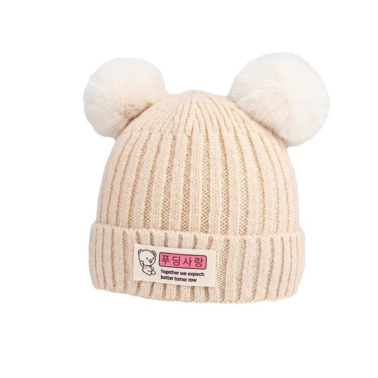 Winter Soft Warm Hat Knitted Beanie with Pompom Cute Hats Newborn Toddler Baby Girl Boy double hairball Cotton Lovely Hats