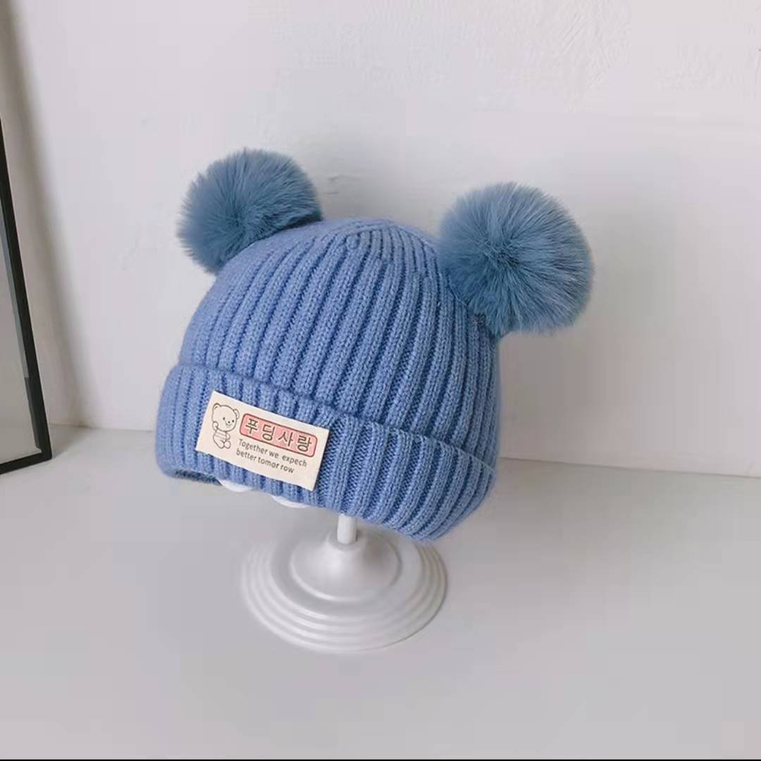 Winter Soft Warm Hat Knitted Beanie with Pompom Cute Hats Newborn Toddler Baby Girl Boy double hairball Cotton Lovely Hats