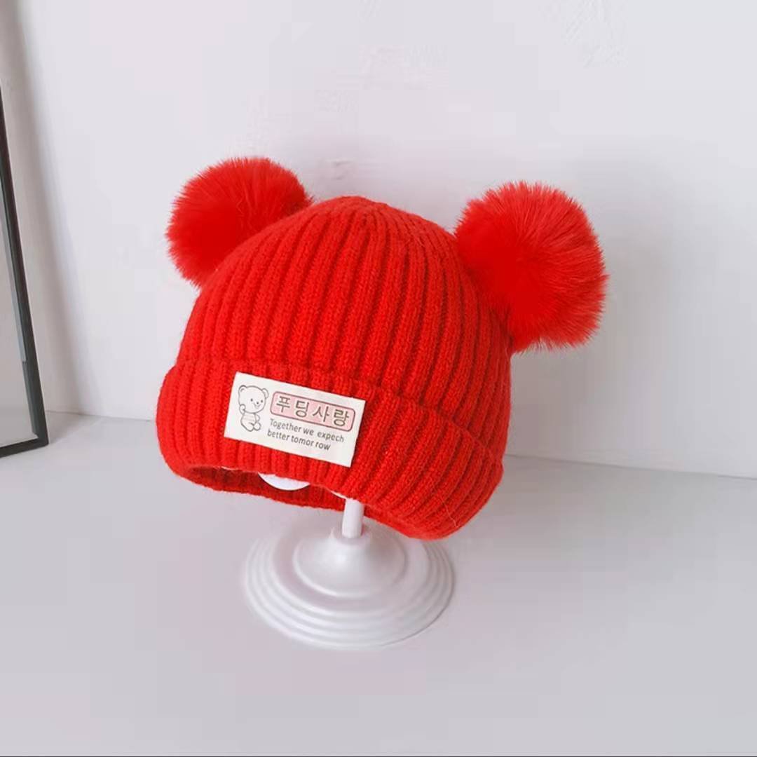Winter Soft Warm Hat Knitted Beanie with Pompom Cute Hats Newborn Toddler Baby Girl Boy double hairball Cotton Lovely Hats