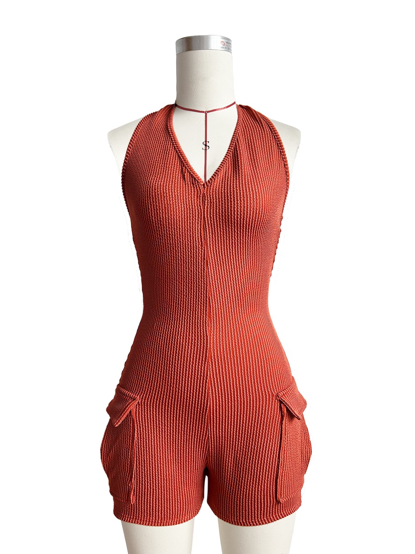 2024 Summer Gym Playsuit Ribbed Women Backless Halter-neck Short Jumpsuit Sexy Club Playsuit