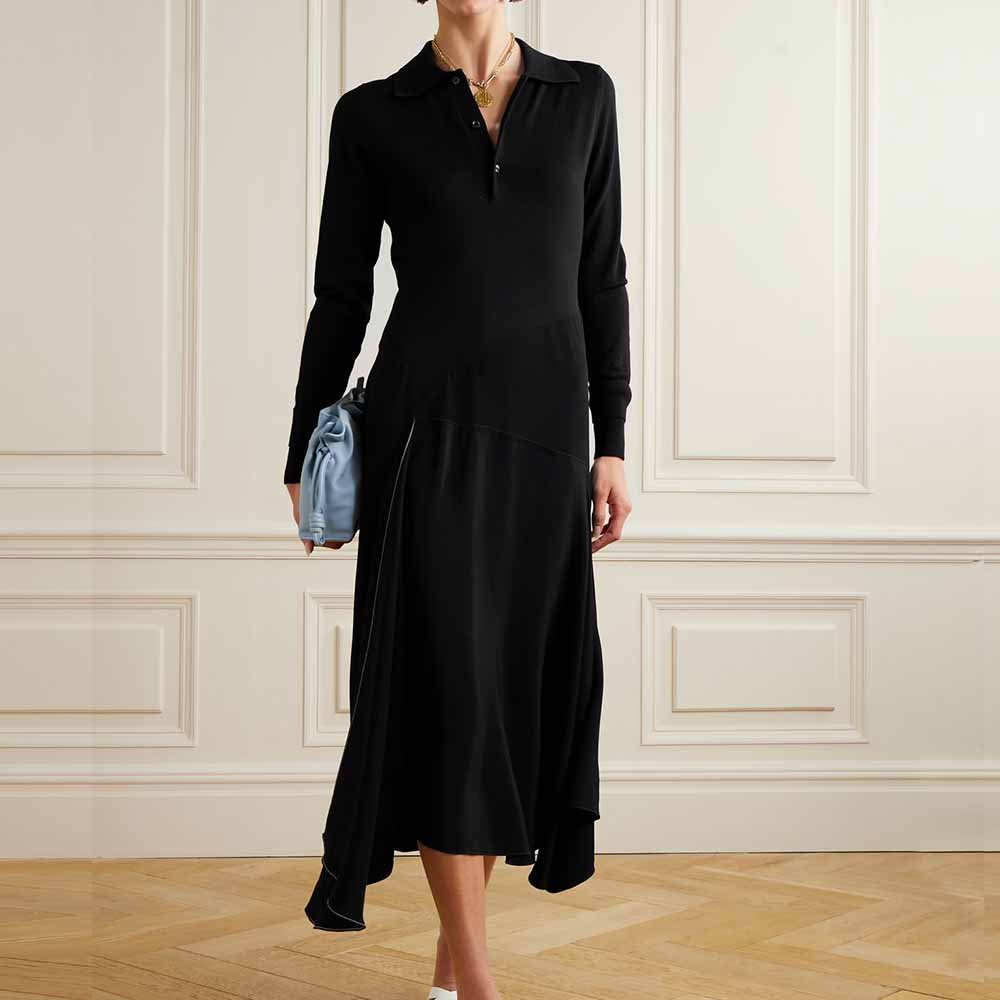 Knitwear Manufacturer Custom Autumn temperament elegant black knitted lapel botton down asymmetric paneled wool and jersey dress