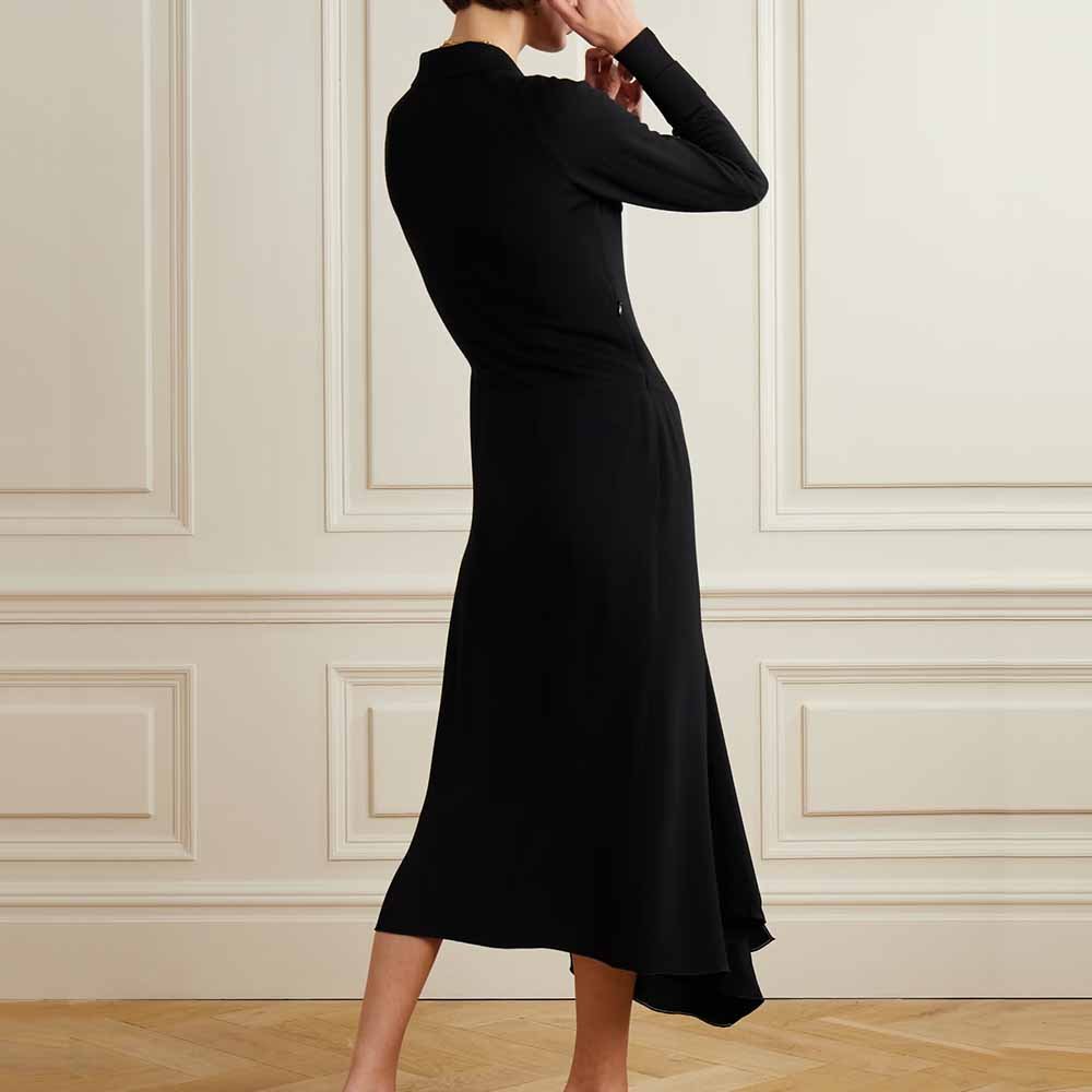 Knitwear Manufacturer Custom Autumn temperament elegant black knitted lapel botton down asymmetric paneled wool and jersey dress