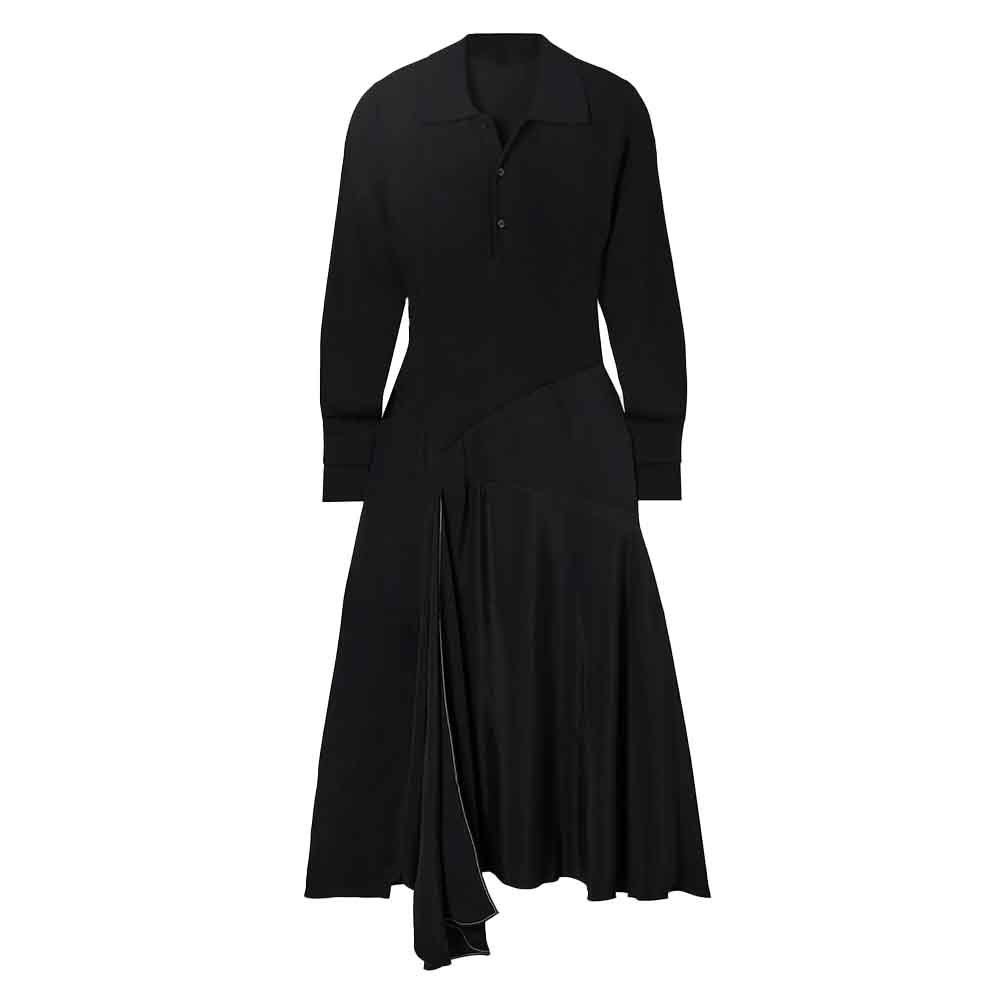 Knitwear Manufacturer Custom Autumn temperament elegant black knitted lapel botton down asymmetric paneled wool and jersey dress
