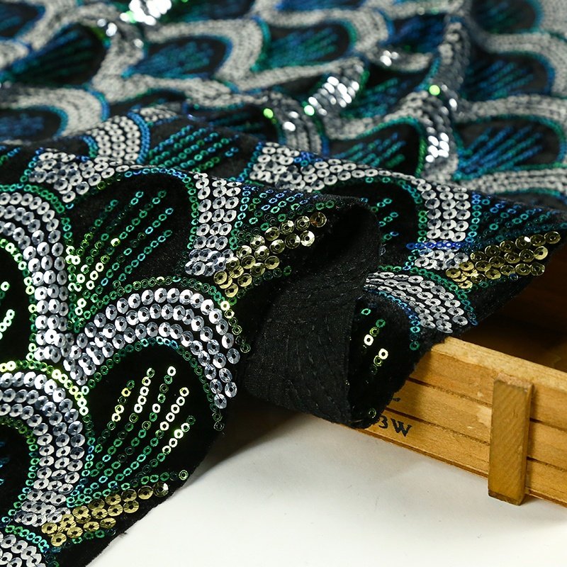 Custom sweet Africa bead embroidered velvet green sequin dress cloth lace fabric