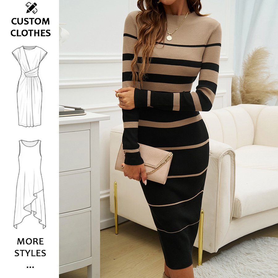 New fall knit dresses stripe bodycon odm logo neck ribbed knitted sweater for women