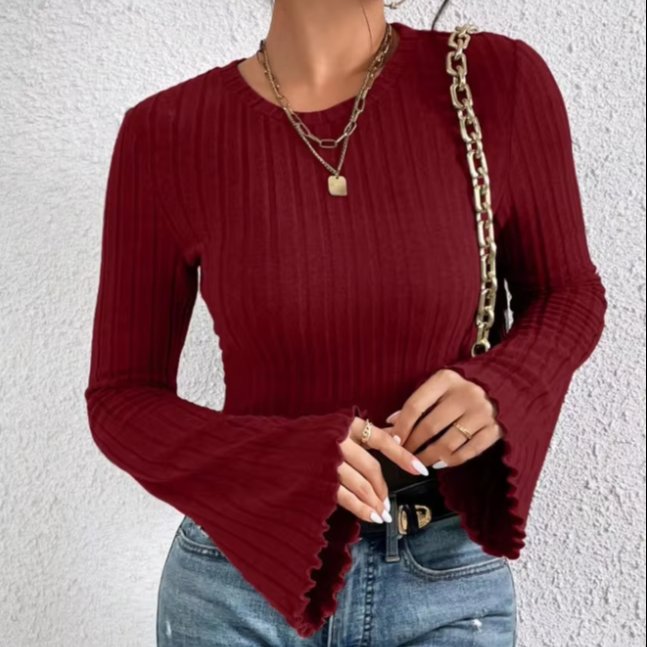 Lettuce Trim Slim Flare Sleeve T-shirt, Elegant Solid Color Ribbed Crew Neck Top For Spring & Fall, Women's Clothing
