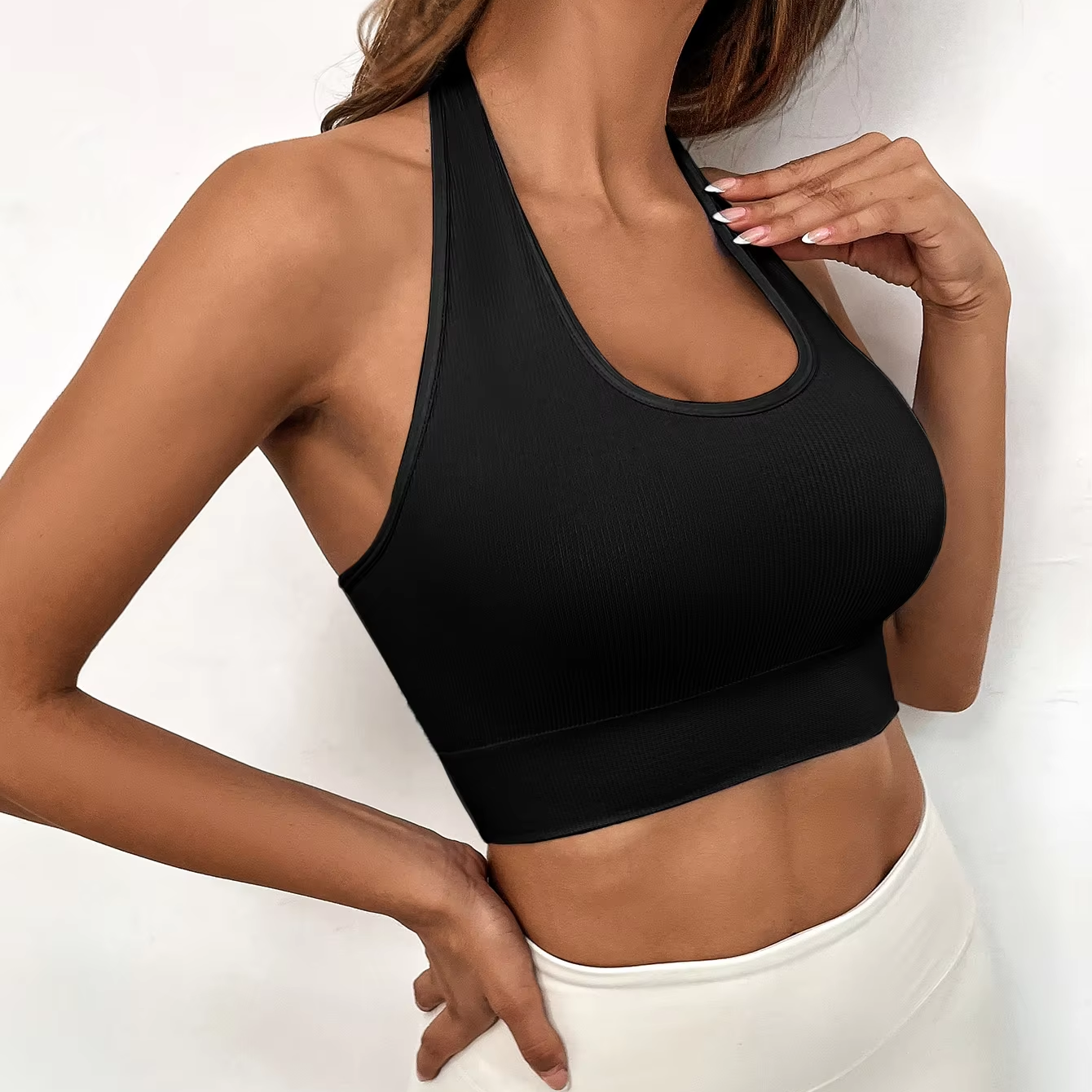 Women Sportswear Tops Fitness Quick-drying Running Yoga Basic Solid Ribbed Knit Sports Bra