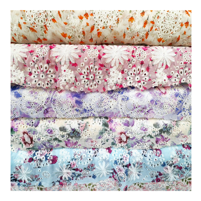 B-895 Printed all over embroidered Polyester hi-multi chiffon flat embroidery fabric for Apparel
