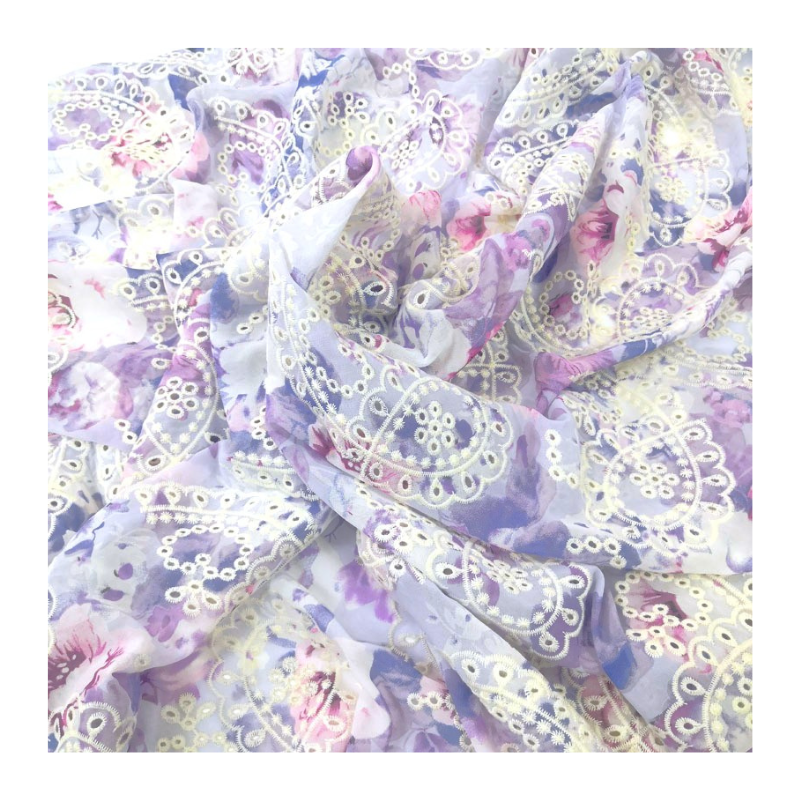 B-895 Printed all over embroidered Polyester hi-multi chiffon flat embroidery fabric for Apparel