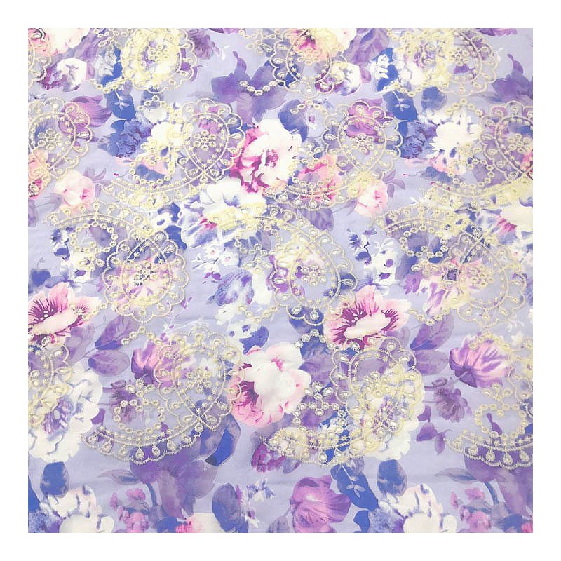 B-895 Printed all over embroidered Polyester hi-multi chiffon flat embroidery fabric for Apparel