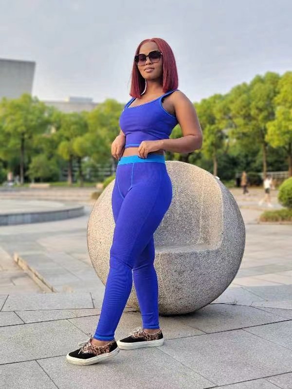 famous royal blue fall clothing for women 2022 custom logo poly spandex ribbed tank crop top legging 2 pieces set lounge wear