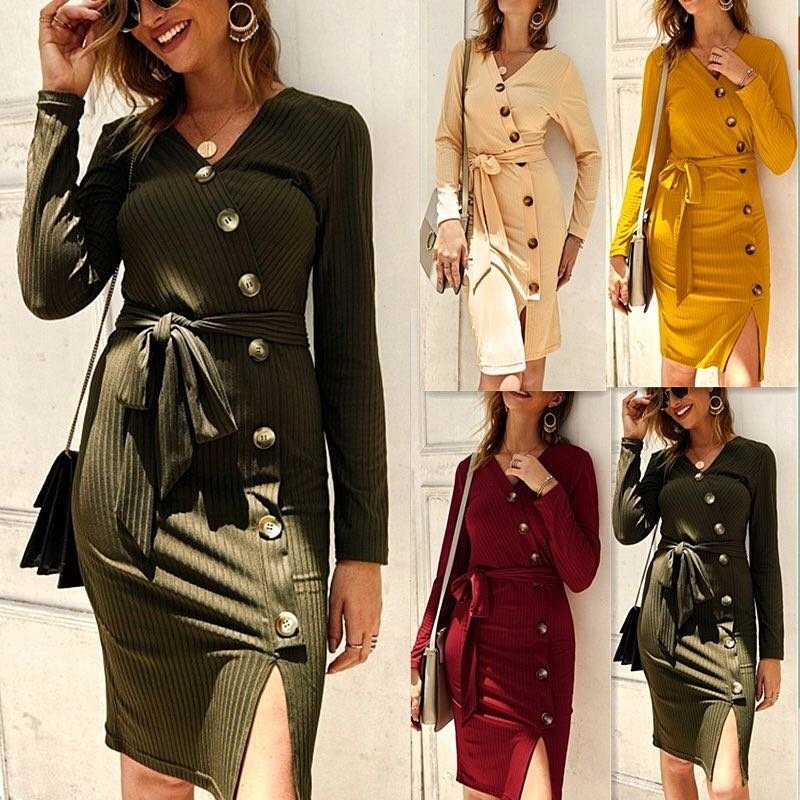 2024 Fashion Women Personality Drawstring Printed Slim Split Ribbed Knitted Dress Lady Casual Dresses