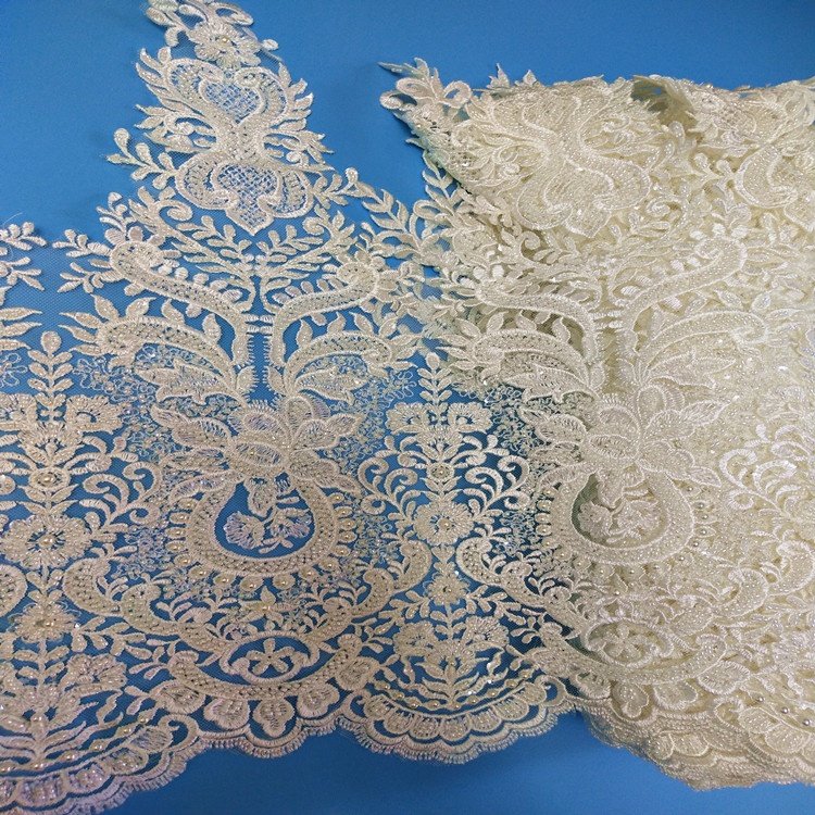 Wedding Bridal Lace Appliqued Flower Sequined Dress Embroidered Border Lace Trims For Wedding Dress