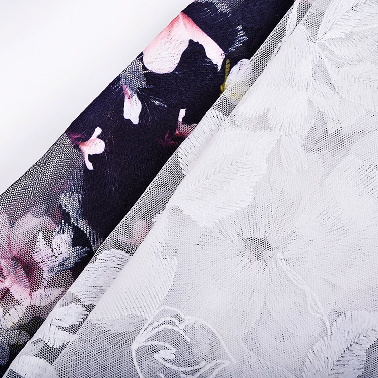 Fashion 100% polyester mesh embroidery fabric with dying and printing for women dress