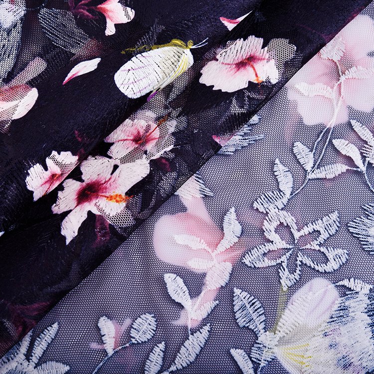 Fashion 100% polyester mesh embroidery fabric with dying and printing for women dress