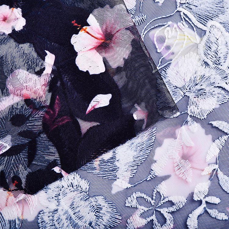 Fashion 100% polyester mesh embroidery fabric with dying and printing for women dress