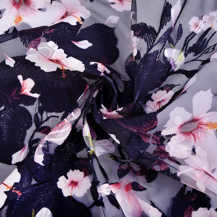 Fashion 100% polyester mesh embroidery fabric with dying and printing for women dress