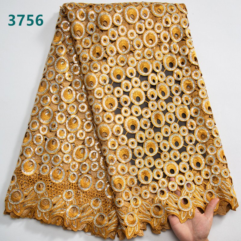 Guipure Cord Lace Fabric High Quality African Water Soluble With Sequins Nigeria Guipure Cord Lace For Women Dresses 3756