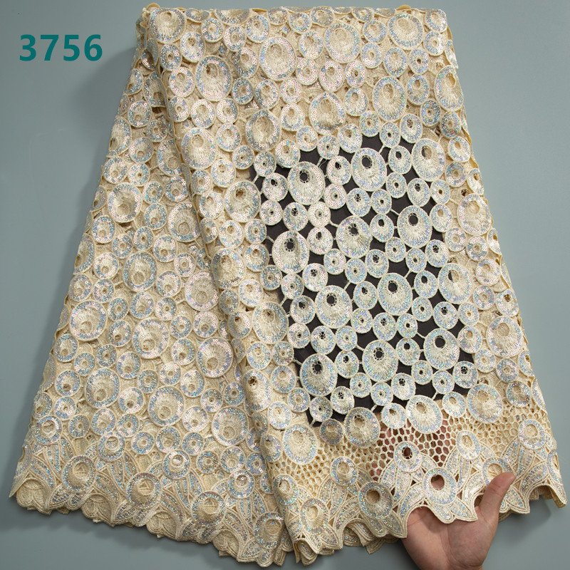 Guipure Cord Lace Fabric High Quality African Water Soluble With Sequins Nigeria Guipure Cord Lace For Women Dresses 3756