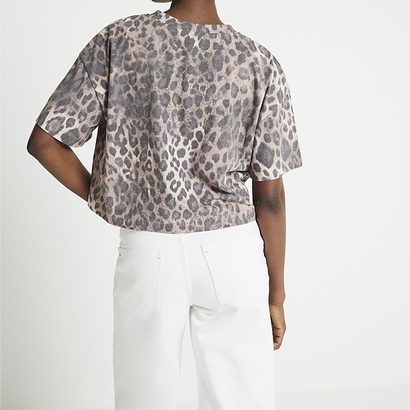 Woman's Round Neck Drop Shoulder Short Sleeves Boxboxy cropped t shirty Cropped T Shirt Allover Full Leopard Print Tee