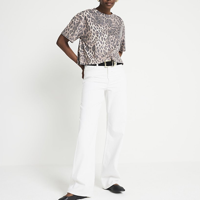 Woman's Round Neck Drop Shoulder Short Sleeves Boxboxy cropped t shirty Cropped T Shirt Allover Full Leopard Print Tee