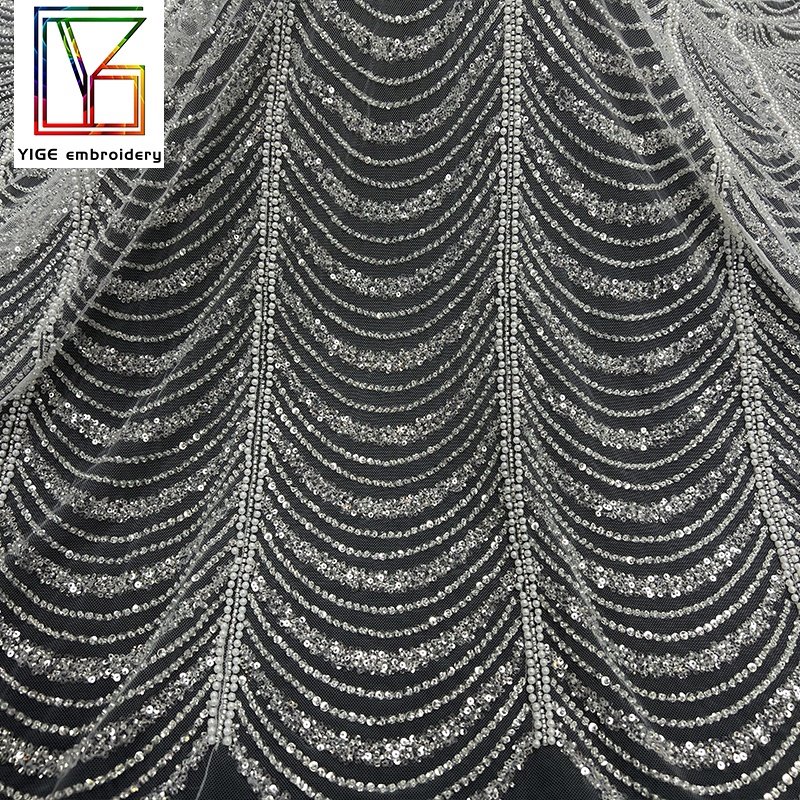 Luxury french Bridal tulle sequins lace new design mesh embroidery wedding beaded and pearls fabrics for European style dress