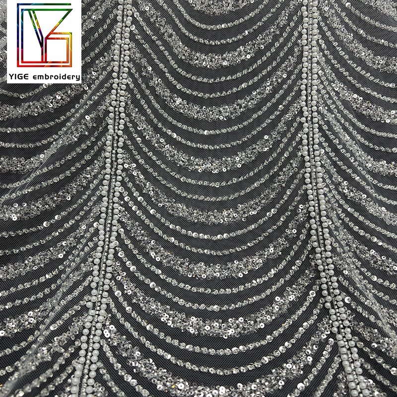 Luxury french Bridal tulle sequins lace new design mesh embroidery wedding beaded and pearls fabrics for European style dress