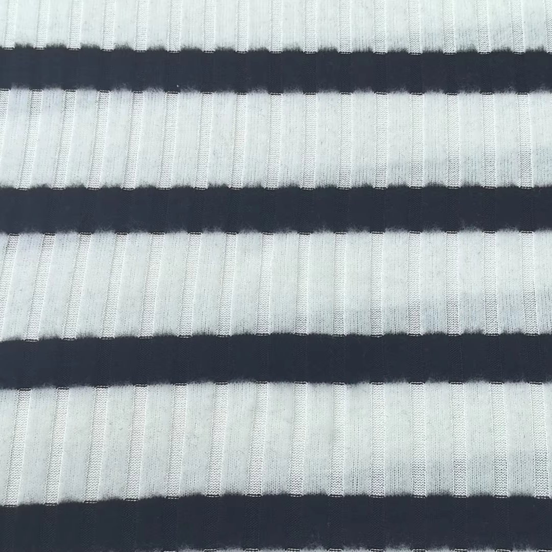 Yarn Dyed Black White Stripe Knitted Rib Fabric Twill Jacquard Swim Fabric Stretch Rib Spandex Sports Activewear Fabric