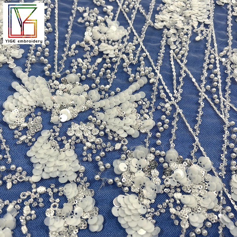 2022New french white bridal wedding 3d beaded sequins with pearls for women Tulle lace african Luxury Embroidery fabric