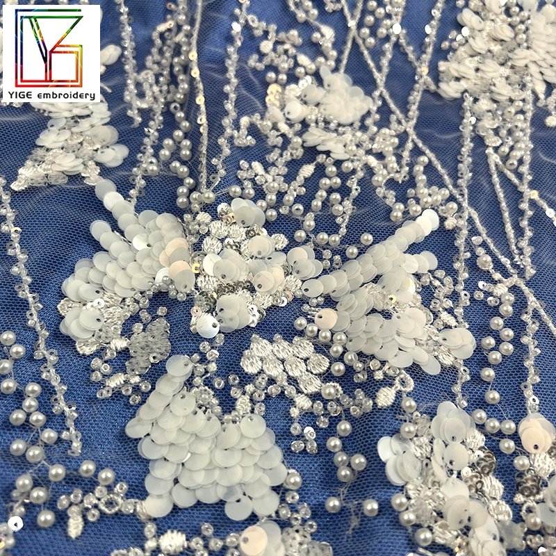 2022New french white bridal wedding 3d beaded sequins with pearls for women Tulle lace african Luxury Embroidery fabric