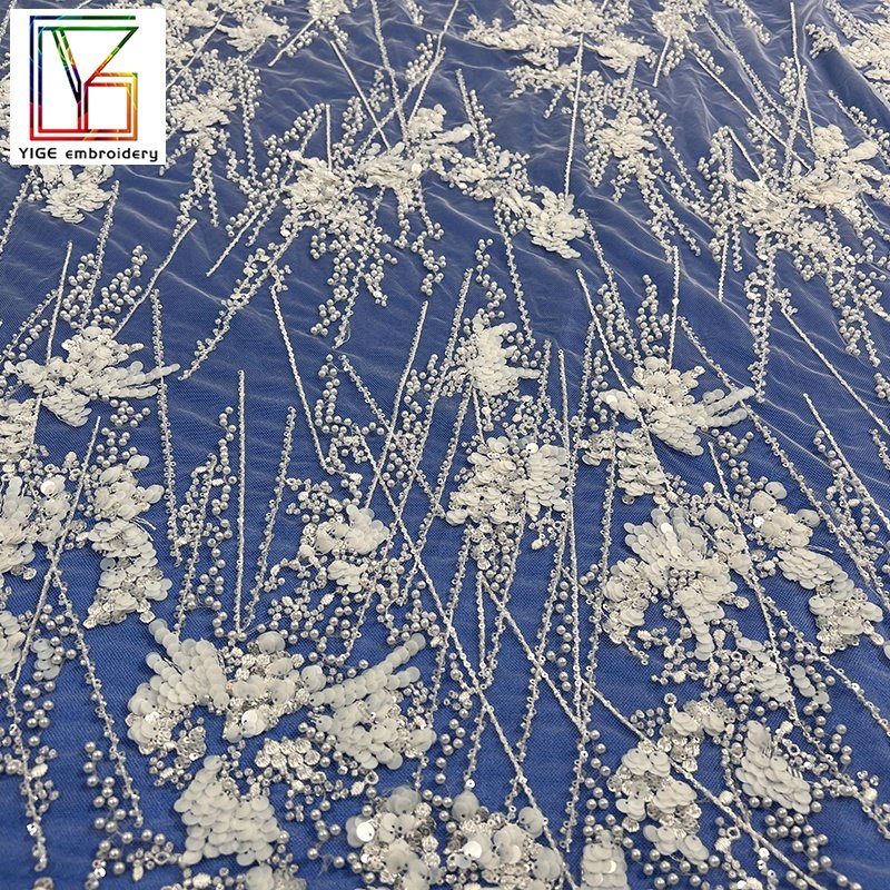 2022New french white bridal wedding 3d beaded sequins with pearls for women Tulle lace african Luxury Embroidery fabric