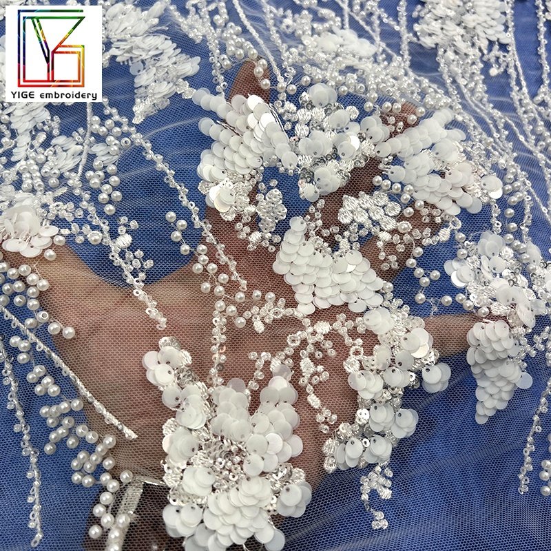 2022New french white bridal wedding 3d beaded sequins with pearls for women Tulle lace african Luxury Embroidery fabric