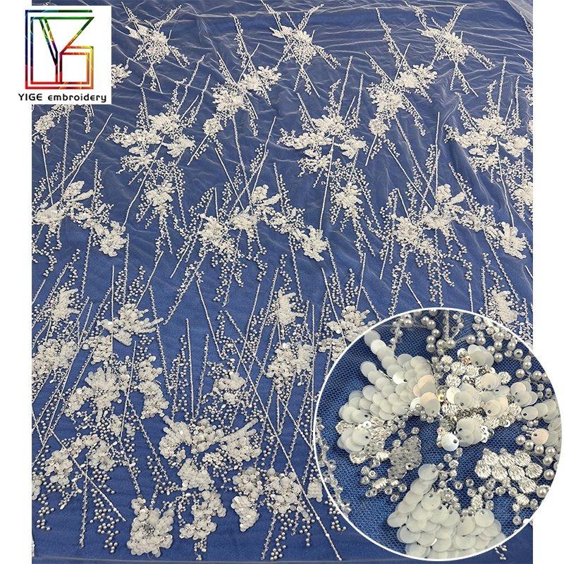 2022New french white bridal wedding 3d beaded sequins with pearls for women Tulle lace african Luxury Embroidery fabric