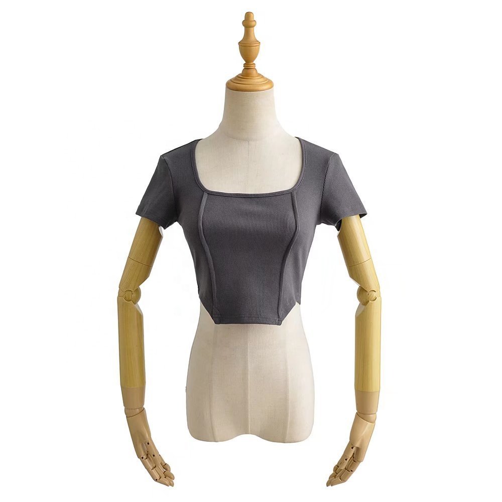 Custom logo square collar pleats ribbed short sleeve sexy hem cotton&spandex crop top t shirt women