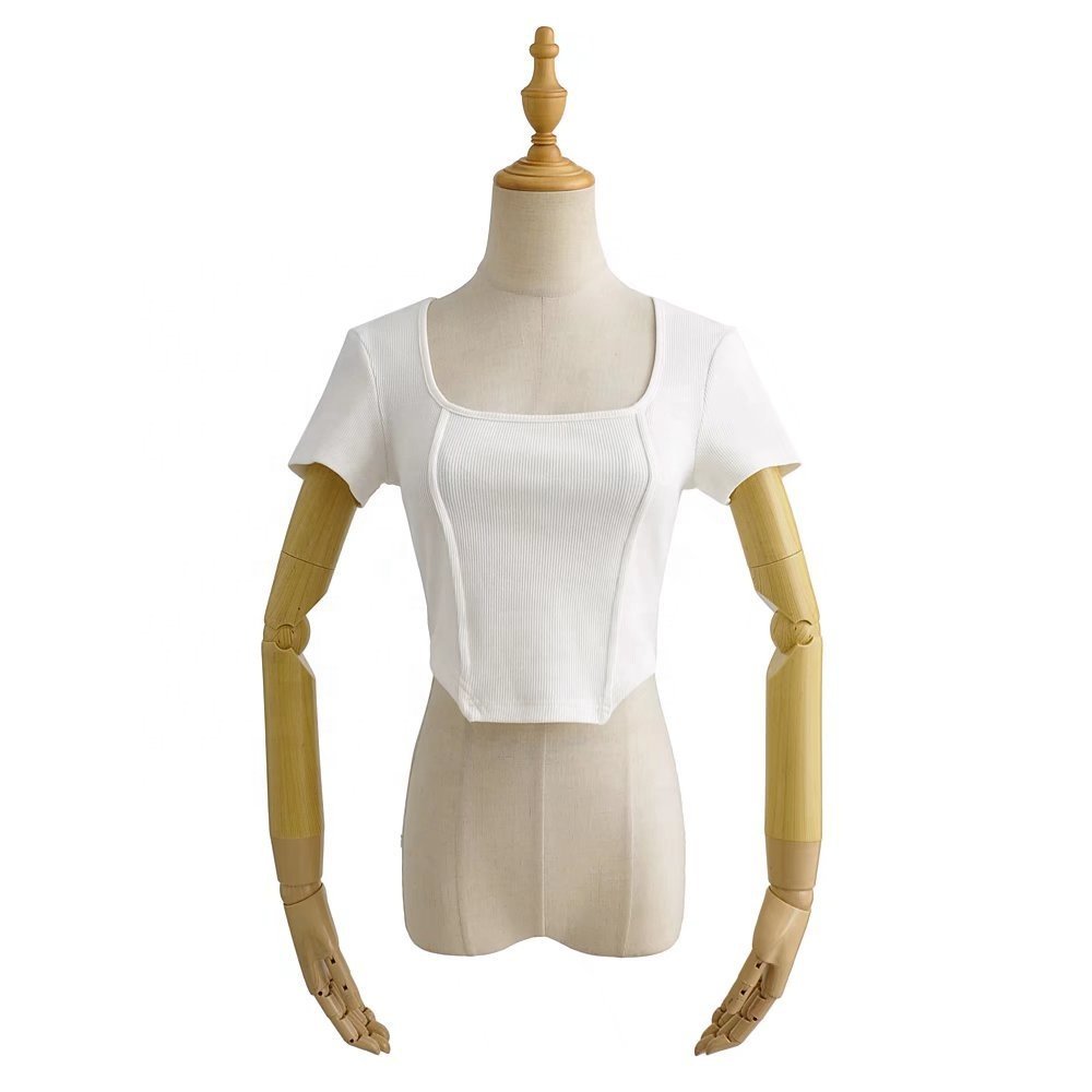 Custom logo square collar pleats ribbed short sleeve sexy hem cotton&spandex crop top t shirt women