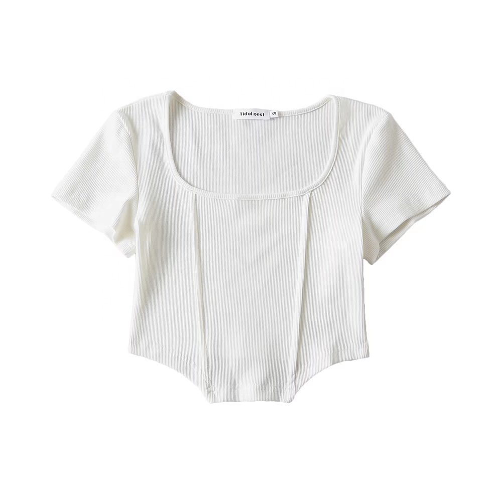 Custom logo square collar pleats ribbed short sleeve sexy hem cotton&spandex crop top t shirt women