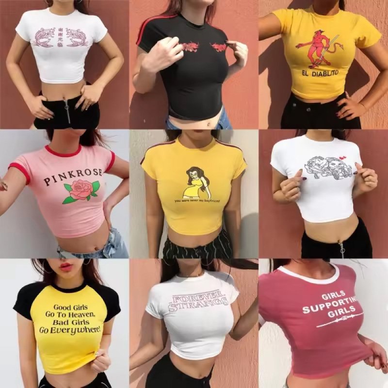 Custom Logo T shirt Summer Female Outfits Round Neck Crop Top Tshirt Plain Cotton Woman Graphic T Shirts Tees