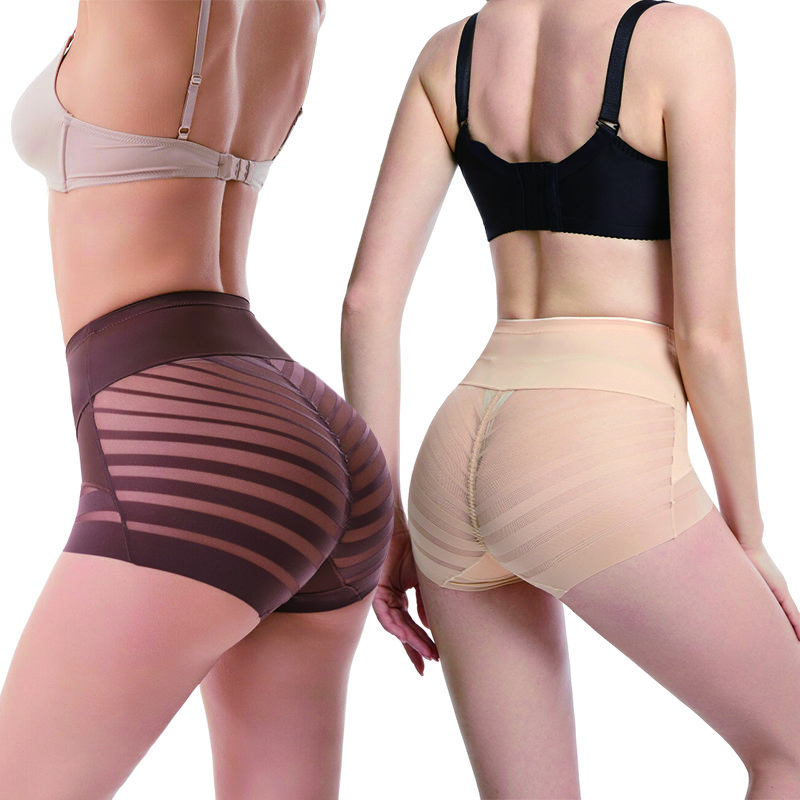 Popular Women Tummy Control Briefs Stripe Lace Mid-Rise Underwear Plus Size Control Shapewear Panties Icesilk Girdle Butt Lifter